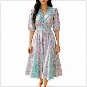 Assorti Susan Freis Vintage 80s Pastel Floral Ruffle Pleated Smocked Dress XS